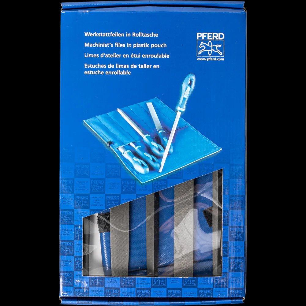 Bild von PFERD Werkstattfeilen-Set in PVC-Rolltasche mit Umkarton, 5 Feilen, Kreuzhieb H3, 250mm, 11801543 – für die Feinbearbeitung und zum Schlichten geeignet