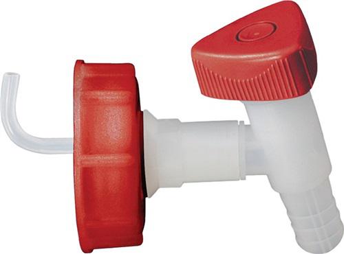 Bild von Auslaufhahn für Industriekanister 5 + 10 l, DIN 45, für Chemikalien, Säuren & Laugen, Drehgriff, PE, weiß-rot