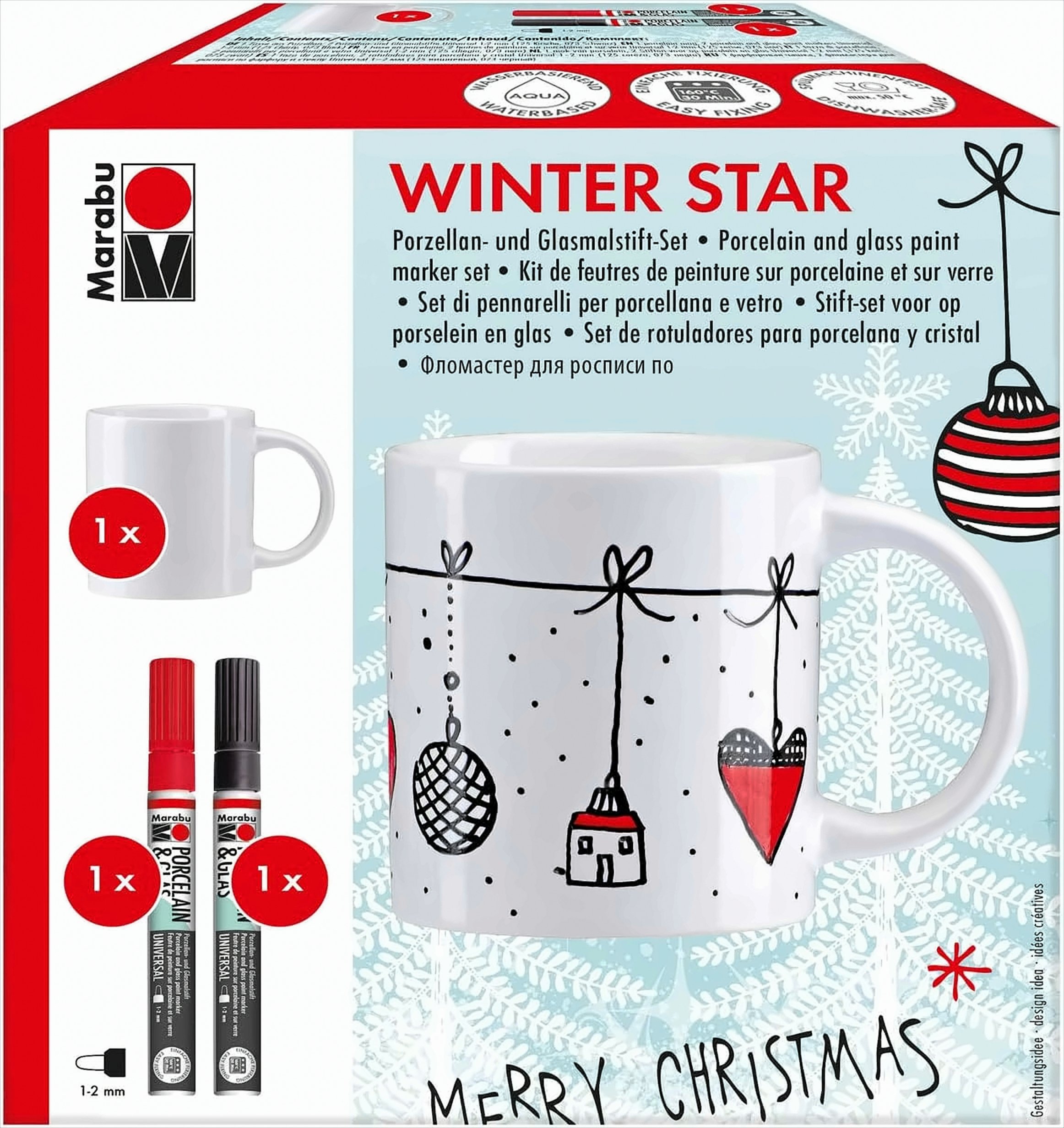 Bild von Marabu 0123000000101 - Porcelain & Glas Painter, Tassenset Winter Star, 1 Porzellantasse weiß + 2 Porzellan- und Glasmalstifte mit Strichstärke 1 - 2 mm in kirsche und schwarz