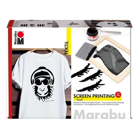 Bild von Marabu 1703000000082 - Textil Screen Printing Set, Siebdruckset für helle und dunkle Textilien mit 100 ml Druckfarbe in schwarz, einem Siebrahmen, einem Rakel und einem Malmesser