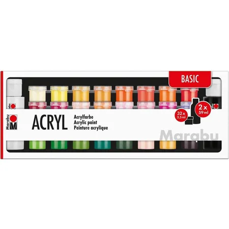 Bild von Marabu 1210000000208 - Großes Einsteigerset Acrylfarben Basic, 32 x 3,5 ml und 2 x 59 ml, auf Wasserbasis, wasserfest und lichtbeständig, schnelltrocknend für Keilrahmen, Papier, Pappe, Holz
