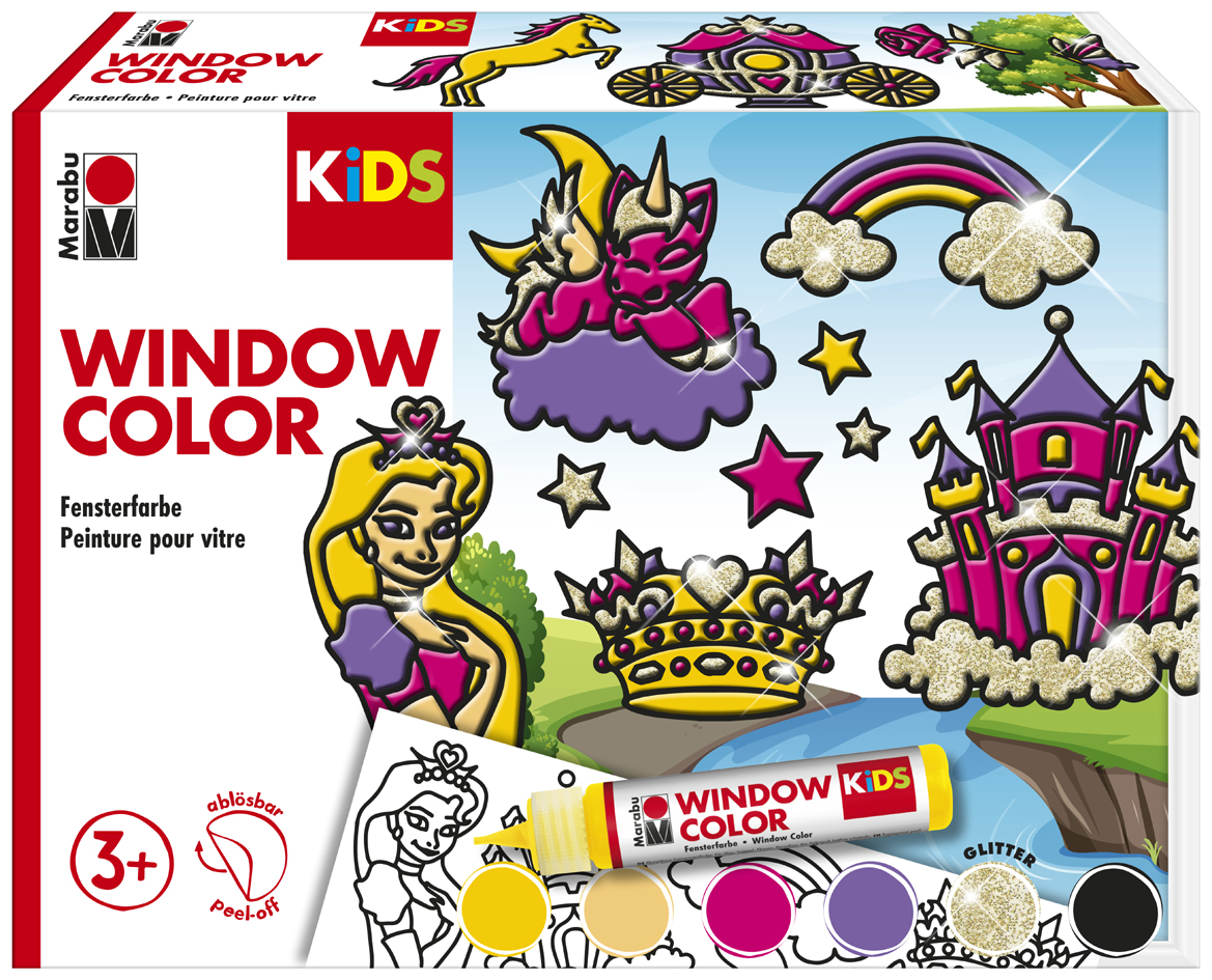 Bild von Marabu 0306000000005 Kids Window Color Set Prinzessin, 6 x 25 ml Fensterfarbe auf Wasserbasis, 2 Malvorlagen in A3 und A4, 30 Motive, für Kinder ab 3 Jahren