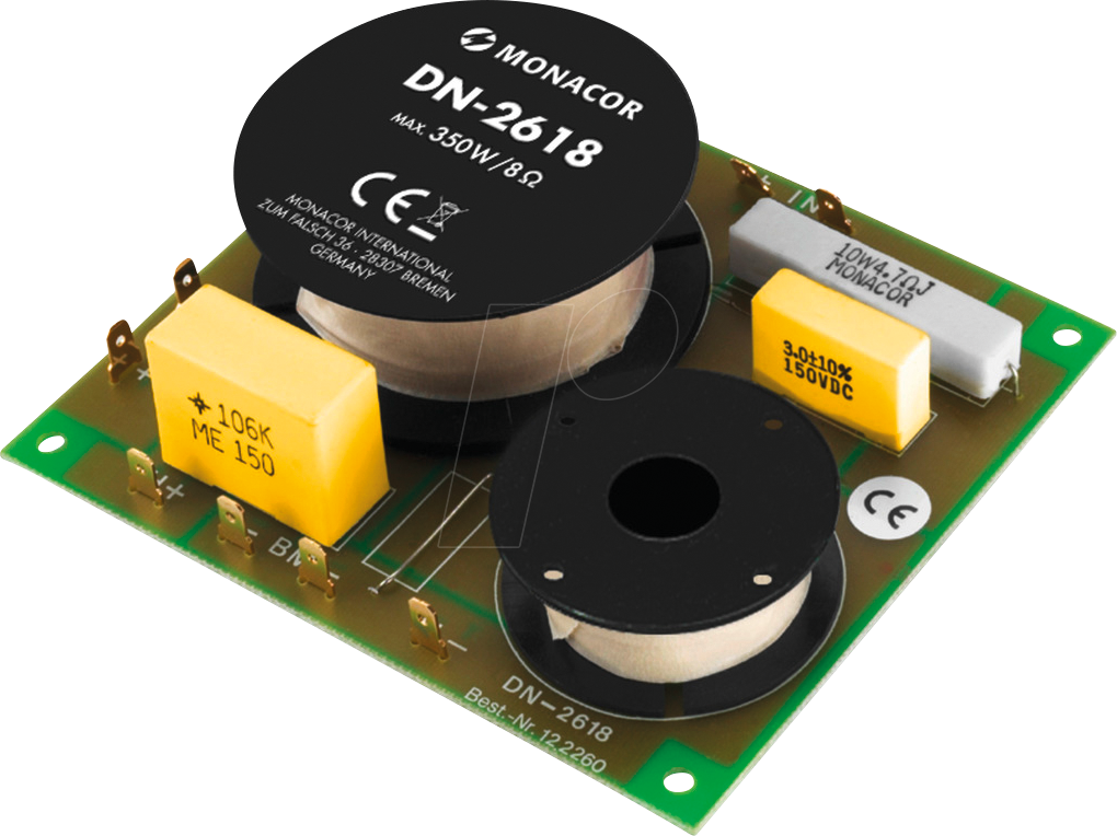 Bild von MONACOR DN-2618 2-Wege-Weiche 8 ohm, Hochwertige Bauteile, Belastbarkeit 350W für den Innenbereich mit Folienkondensatoren gefertigt