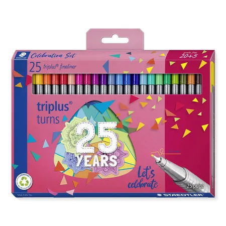 Bild von STAEDTLER Fineliner triplus celebration Set, ergonomischer Dreikantschaft, superfeine 0,3 mm Spitze, lange Lebensdauer, Jubiläums-Promotion: 20 + 5 Fineliner in sortierten Farben, 334 C25 TA