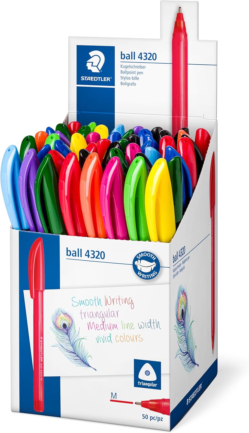 Bild von STAEDTLER dreikant Kugelschreiber, 10 bunte Schreibfarben, Linienbreite M ca 1,00 mm, für entspanntes Schreiben, 50 Kugelschreiber in Regenbogenfarben im Köcher, 4320 MKP50