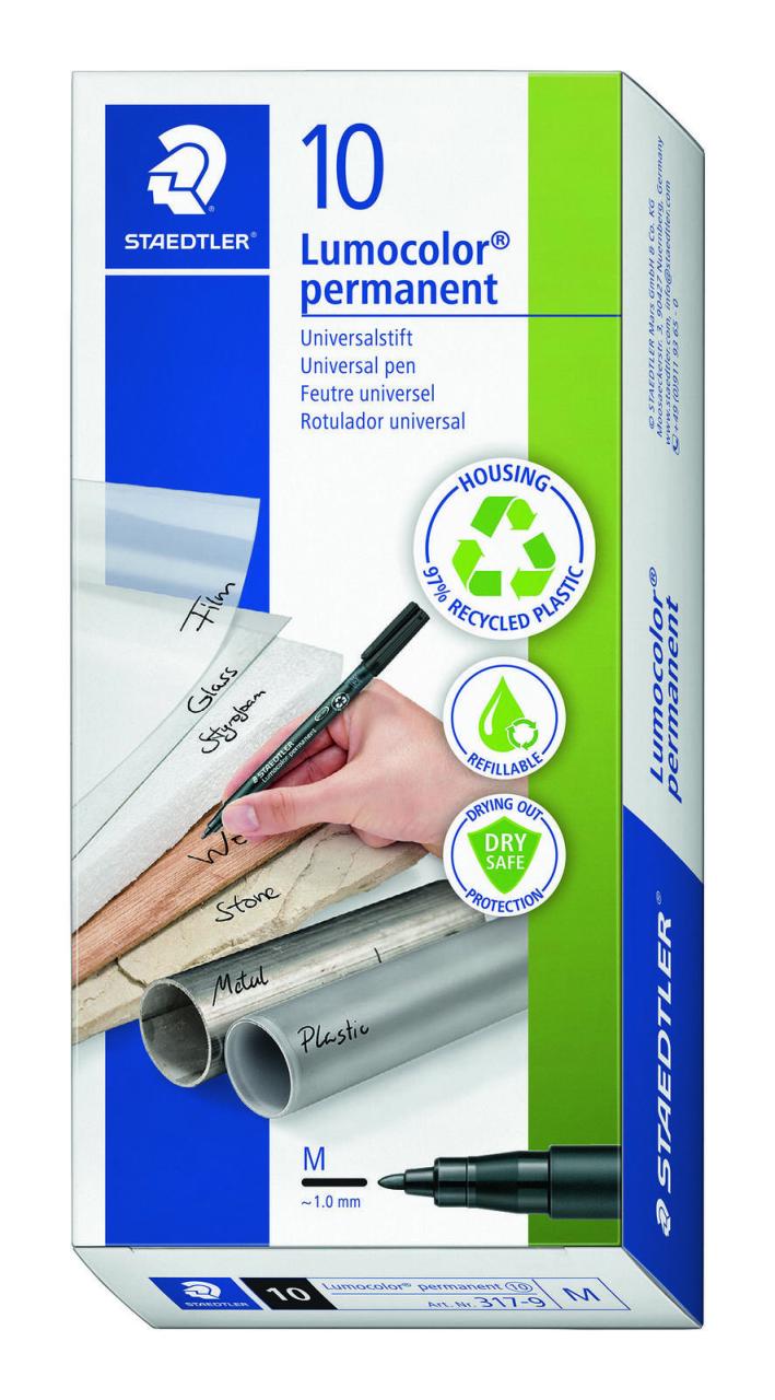 Bild von STAEDTLER Folienstift 10x Folienstift Lumocolor M permanent 317-9 schwarz OHP Pen Marker, wisch- und wasserfest
