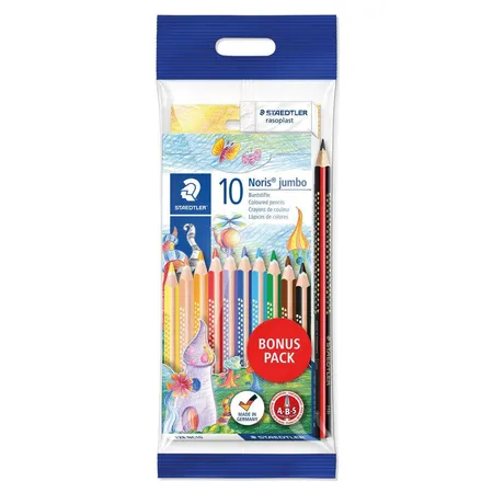 Bild von STAEDTLER Jumbo Buntstifte Noris Club, erhöhte Bruchfestigkeit, Dreikantform, ABS-System, kindgerecht nach DIN EN71, Set mit 10 brillanten Farben, Radierer und Bleistift, 61 SET7