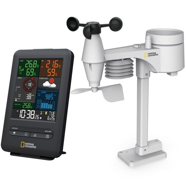 Bild von National Geographic Wetterstation Funk mit Außensensor Wetter Center 5-in-1 Colour mit Außensensor für Temperatur, Luftfeuchtigkeit, Luftdruck, Windmesser und Regenmesser, schwarz