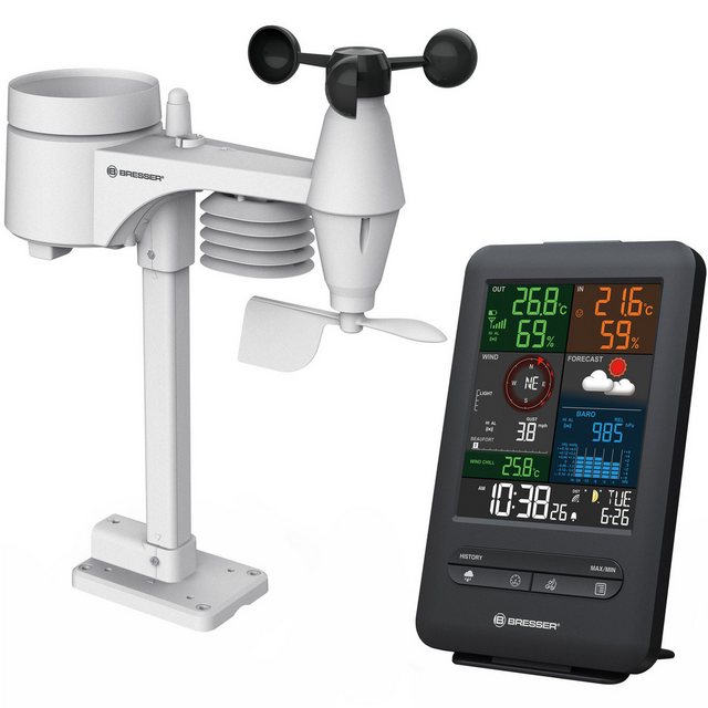 Bild von Bresser 7002525 Wetterstation Funk mit Außensensor 5-in-1 Beaufort mit großem Farbdisplay, Sensor für Temperatur, Luftfeuchtigkeit, Luftdruck, Windrichtung und Regenmesser, Schwarz, Einzigartig