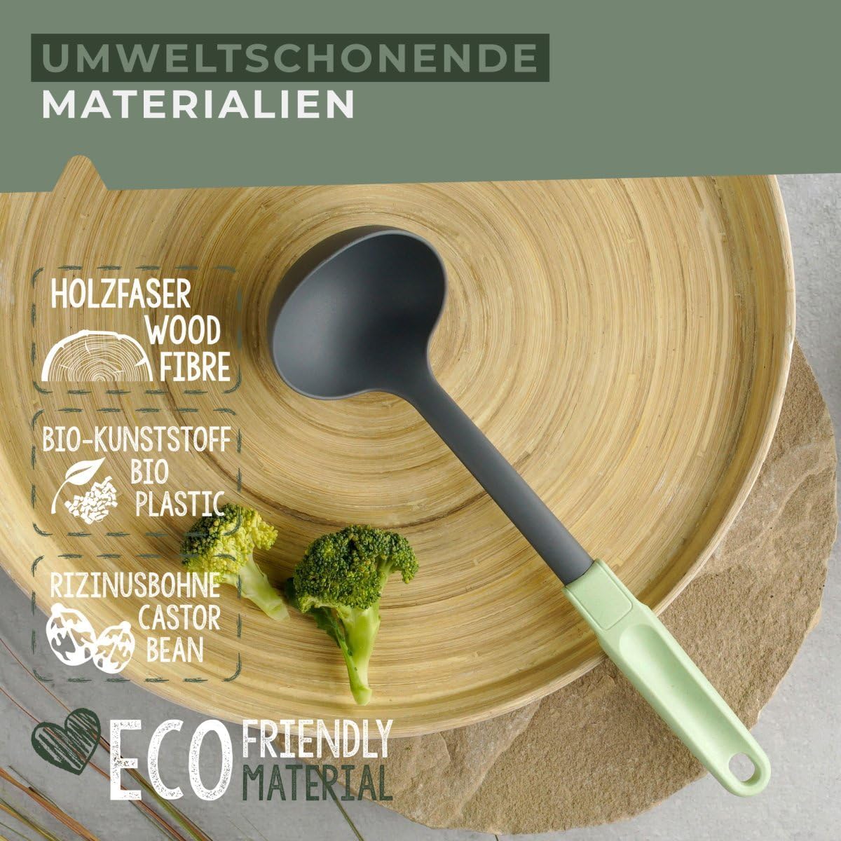 Bild von Fackelmann Ecolution Schöpflöffel – Suppenkelle aus Holzfasern und Bio-Kunststoff – 31,5 cm x 9 cm große Schöpfkelle in Mintgrün/Steingrau