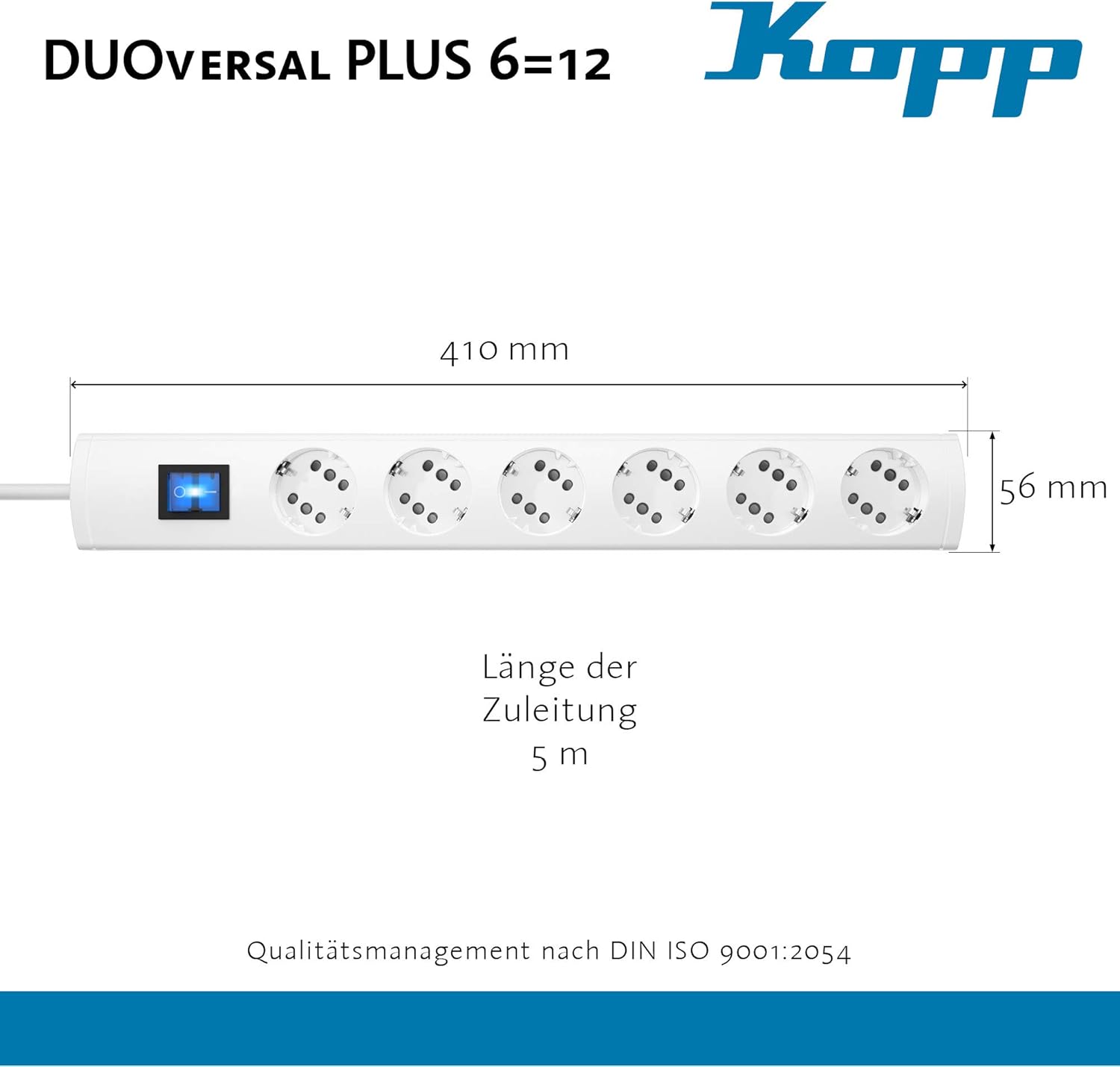 Bild von Kopp DUOversal® plus 6-/12-fach Steckdosenleiste 5m mit doppelten Steckplätzen + Schalter + großer Abstand + Berührungsschutz I Mehrfach-Steckdose anschraubbar I Anthrazit – 234305012, 5m Zuleit