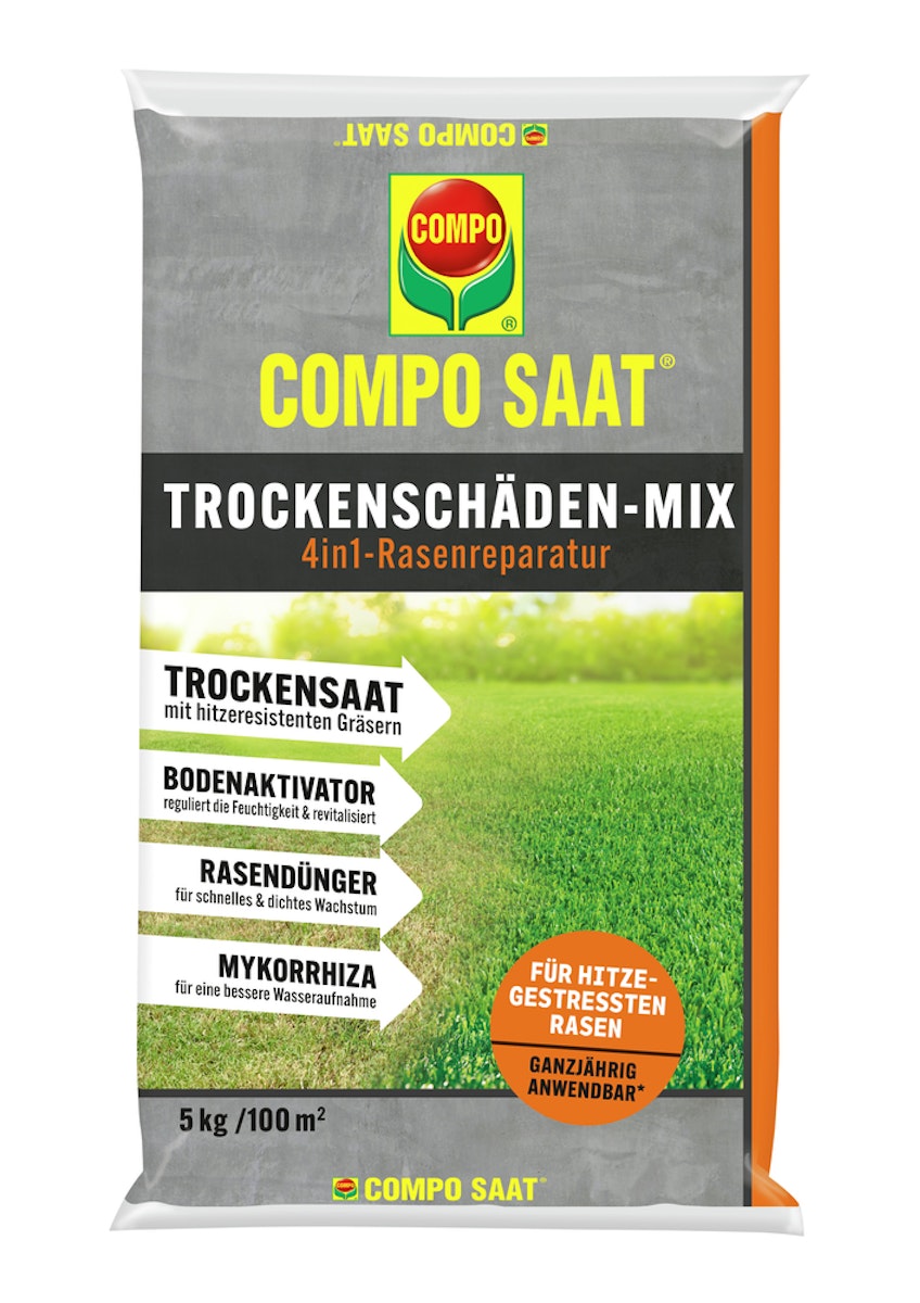 Bild von COMPO Trockenschäden-Mix 4in1-Rasenreparatur, Trockensaat, Dünger, Bodenaktivator und Mykorrhiza in einem, Rasendünger und Rasensamen / Grassamen, 5 kg, 100 m²