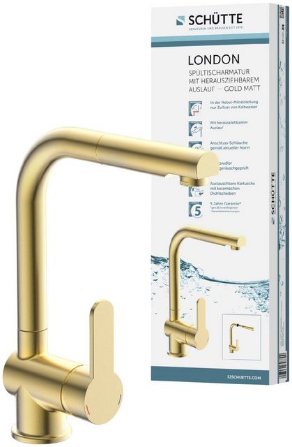 Bild von SCHÜTTE 79770 London Küchenarmatur mit ausziehbarer Geschirrbrause, 360 Grad schwenkbarer Wasserhahn für die Küche, Mischbatterie mit Einhebelmischer, Spültischarmatur in Gold