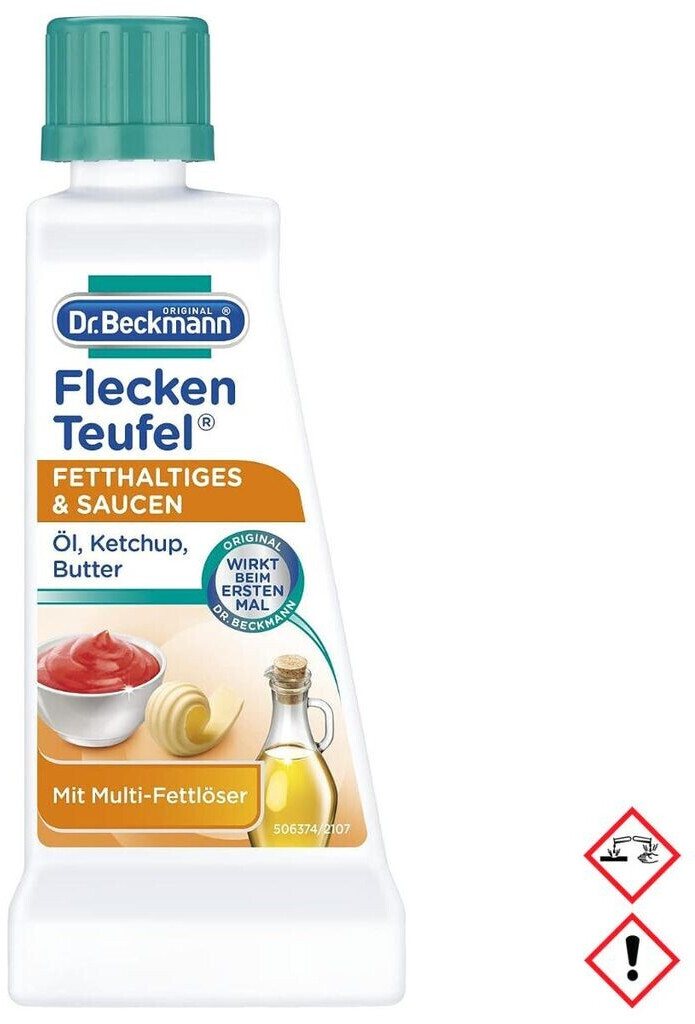 Bild von Dr. Beckmann Fleckenteufel Fetthaltiges & Saucen | Butter, Spezialfleckentferner gegen Fettflecken, Schokoladen-Flecken, u.v.m. | 50 ml
