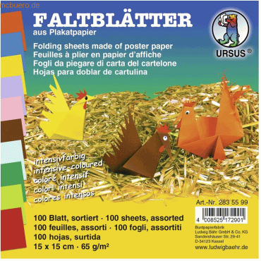 Bild von Ursus - Ludwig Bähr Bastelkartonpapier Faltblätter Intensiv 15x15cm VE=100 Blatt 10 Farben sortiert