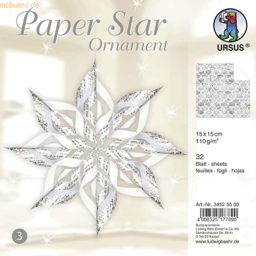 Bild von Ursus 34525500 - Paper Star Ornament 3, silber, 32 Blatt, ca. 15 x 15cm, 110 g/qm, vorgestanztes, hochwertiges Bastelpapier mit edlem Perleffekt, folienveredelt, einseitig bedruckt