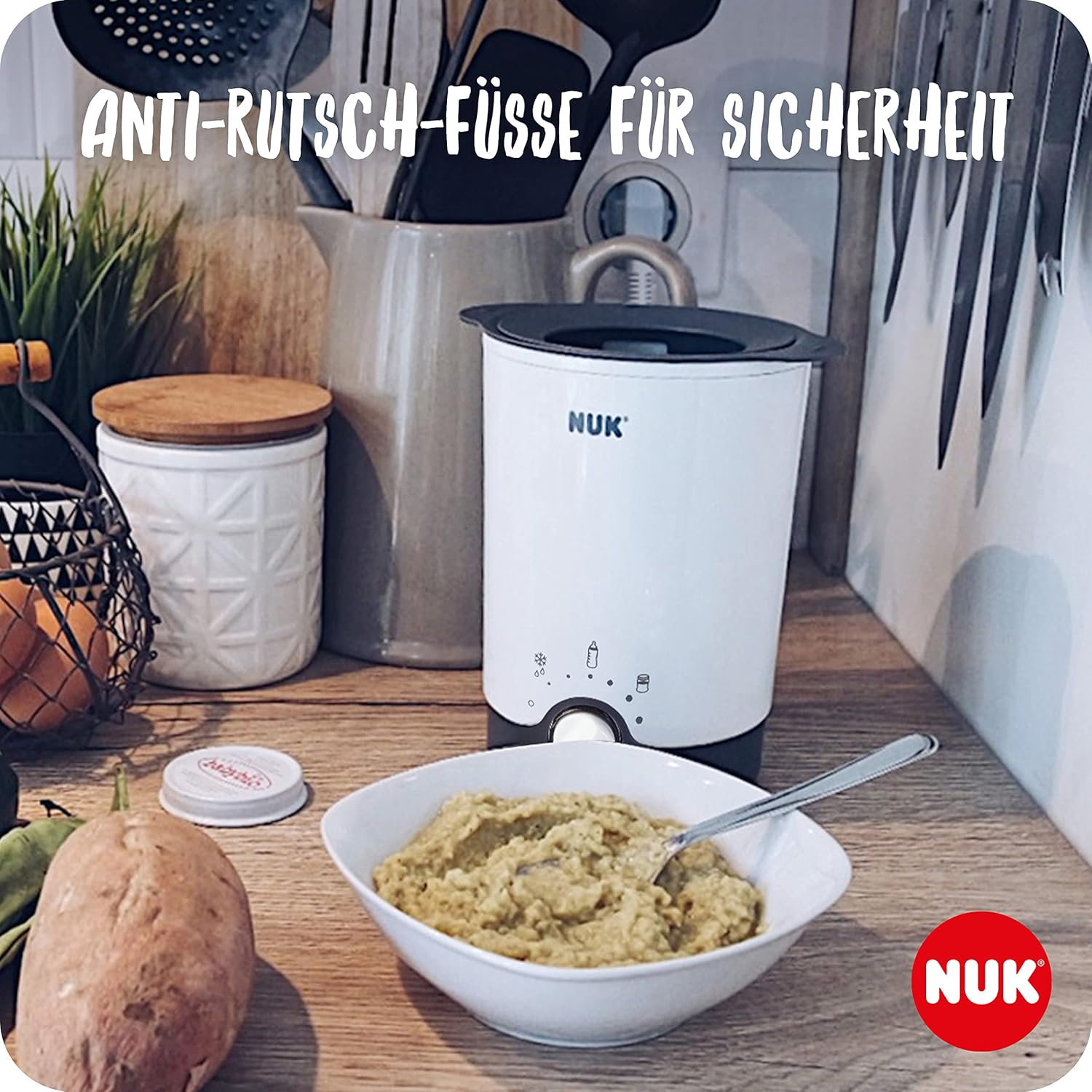 Bild von NUK Thermo Express Plus Flaschenwärmer, tragbar schonendes Erwärmen von flüssiger und breiförmiger Nahrung in 90 Sekunden automatische Abschaltung Korb zum Herausnehmen EU-Stecker & 12-V-Reiseadapter