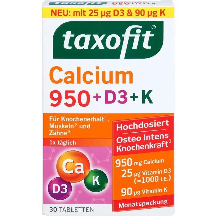 Bild von Taxofit Calcium 950 + D3 + K 30 Tabletten - Für Knochenerhalt Muskeln und Zähne