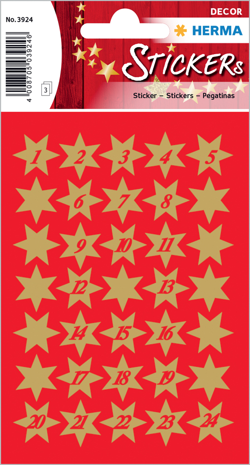 Bild von HERMA 3924 Aufkleber Sterne Gold Zahlen 1-24 klein, 102 Stück, 14 mm, Stern Sticker aus Papier, Weihnachtssticker Sternaufkleber für Weihnachten Geschenke Adventskalender Dekoration Kinder Belohnung