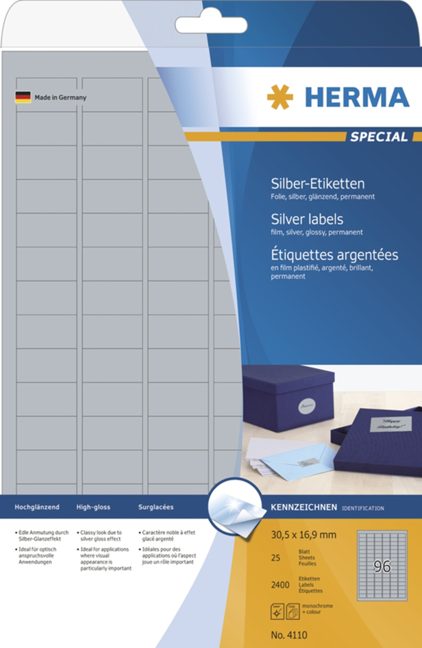 Bild von HERMA 4099 Wetterfeste Folienetiketten silber, 25 Blatt, 96 x 50,8 mm, 10 pro A4 Bogen, 2500 Stück, selbstklebend, bedruckbar, glänzend, blanko Klebeetiketten Aufkleber aus Folie