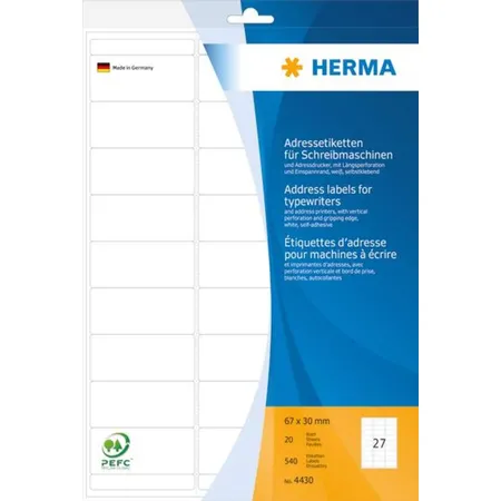 Bild von HERMA Adressetiketten 4430 DIN A4 Weiß 67 x 30 mm 20 Blatt à 27 Etiketten