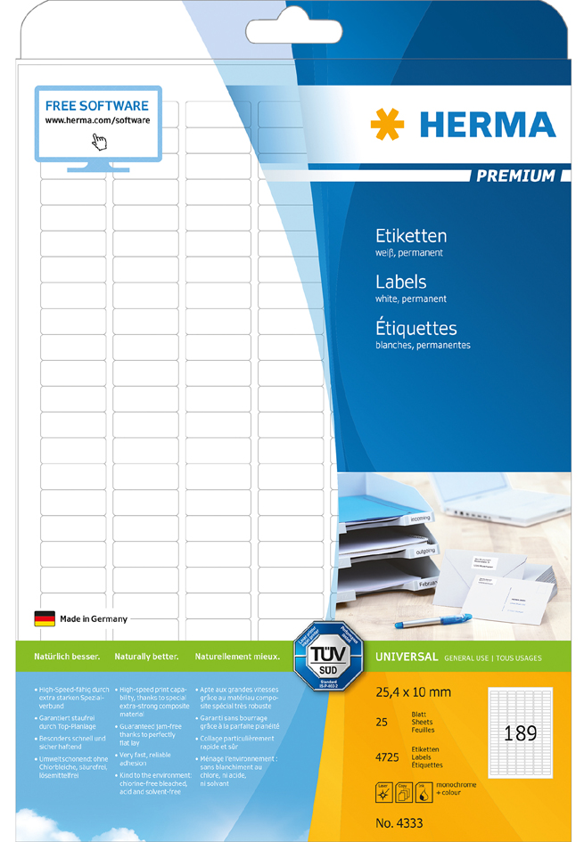 Bild von HERMA 5029 Adressetiketten, 25 Blatt, 63,5 x 38,1 mm, 21 pro A4 Bogen, 525 Stück, selbstklebend, bedruckbar, matt, blanko Papier Adressaufkleber Etiketten, weiß