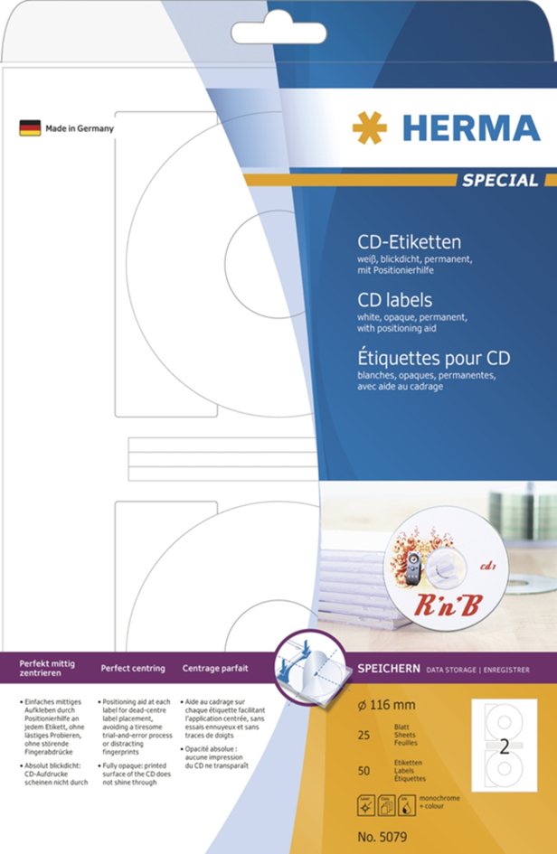 Bild von HERMA CD/DVD-Etiketten SPECIAL, Durchmesser: 116 mm, weiß
