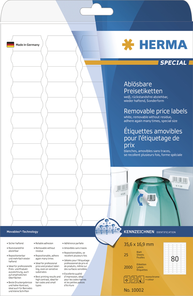 Bild von HERMA 10002 Preisetiketten ablösbar, 25 Blatt, 35,6 x 16,9 mm, 80 pro A4 Bogen, 2000 Stück, selbstklebend, bedruckbar, matt, blanko Papier Preisschilder Etiketten Aufkleber, weiß