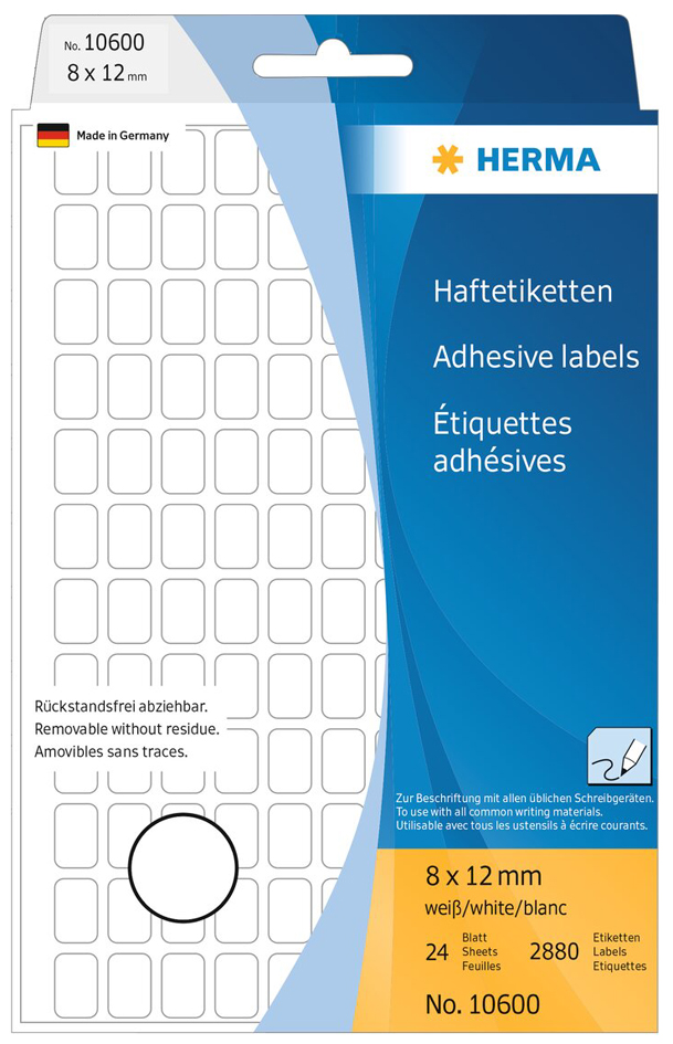 Bild von HERMA 10603 Vielzweck-Etiketten ablösbar, 1344 Stück, 12 x 18 mm, 56 pro Bogen, selbstklebend, Haushaltsetiketten zum Beschriften, matt, blanko Papier Klebeetiketten Aufkleber, weiß