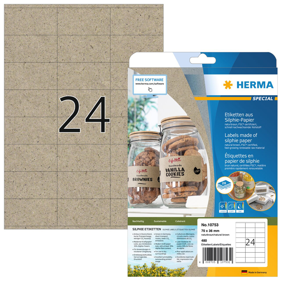 Bild von HERMA Etiketten aus Silphie-Papier, Durchmesser: 40 mm naturbraun, selbstklebend, permanent haftend, bedruckbar, - 1 Stück (10761)