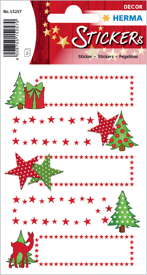 Bild von HERMA 15257 Sticker Geschenksticker Sterne + Tanne, beglimmert aus Papier, beglimmert, permanent, 2 Blatt / 10 Sticker