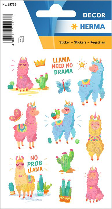 Bild von HERMA 15736 Aufkleber Lama Glitzer klein, 24 Stück, Tiere Sticker mit lustigen Alpaka Kaktus Motiv, Kinder Etiketten für Fotoalbum Tagebuch Poesiealbum Scrapbooking Geburtstag Deko Briefe DIY Basteln