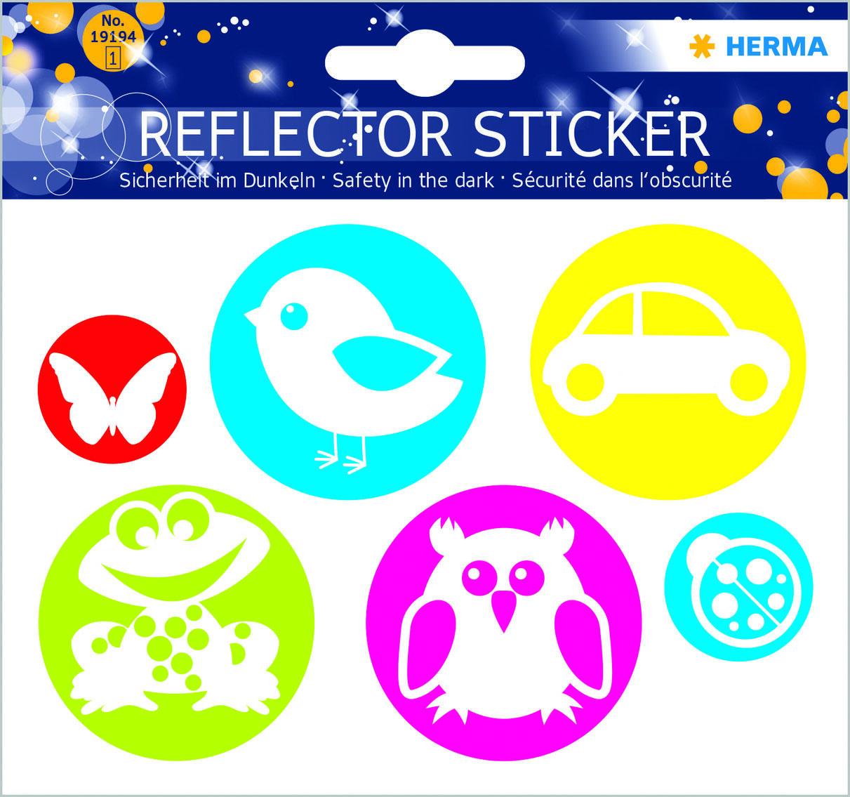 Bild von HERMA 19194 Reflektor Aufkleber Tiere bunt, 6 Stück, selbstklebende Kinder Reflektor Sticker für Fahrrad Helm Schulranzen Rollator Auto Koffer Kinderzimmer, Motiv Leuchtaufkleber Leuchtsticker Set