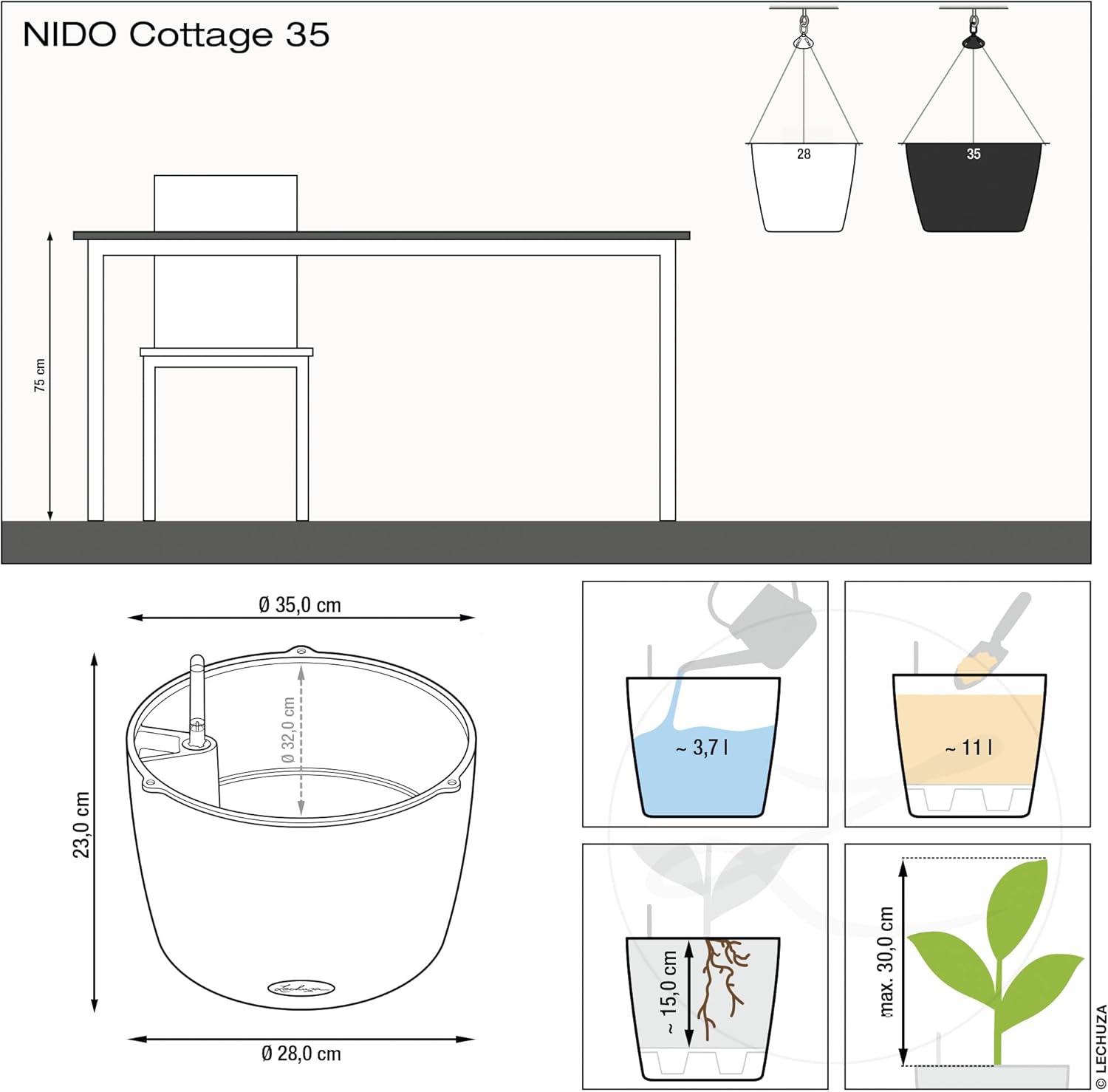 Bild von Lechuza® Blumentopf Blumenampel NIDO Cottage 35 ALL-IN-ONE Graphitschwarz (1 St)