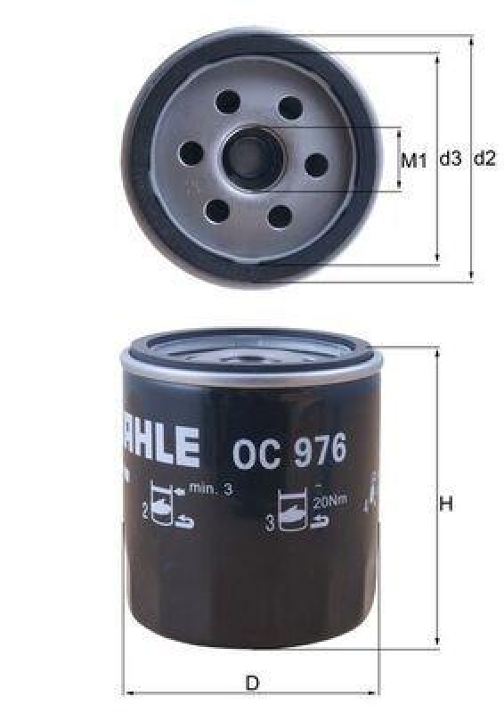 Bild von MAHLE ORIGINAL OC 976 Ölfilter Motorölfilter, Filter für Öl M20x1,5, M20x1.5-6H mit einem Rücklaufsperrventil Anschraubfilter PEUGEOT: 308 SW 2