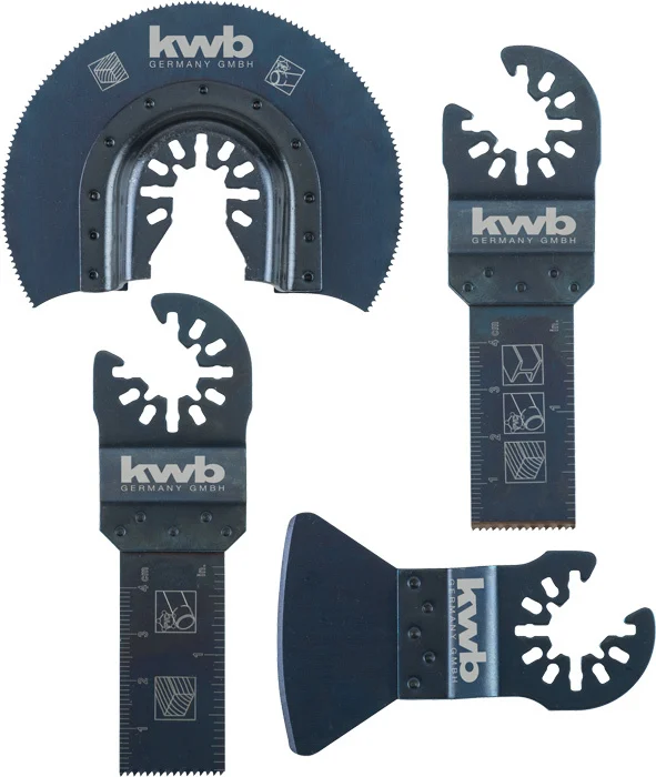 Bild von kwb AKKU-TOP Multitool Sägeblätter - Werkzeug-Set, 4-teilig, inkl. CV Tauchsägeblatt, halbrundem HSS Segment-Sägeblatt und Spachtel