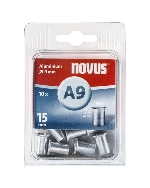 Bild von Novus Blindnietmutter Ø9 mm Aluminium, M6 Gewinde, 15 mm Länge, 10x Nietmutter, für Kunststoff und Leichtbaumaterial