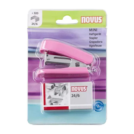Bild von Novus Mini Heftgerät mit 320 Heftklammern 24/6 I Pink I 12 Blatt
