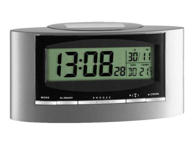Bild von TFA Dostmann Digitaler Funkwecker, 98.1071,mit Temperatur, komplett solarbetrieben, Wochentag und Datum, Temperaturanzeige, Kunststoff, Silber-schwarz, L 156 x B 52 x H 81 mm