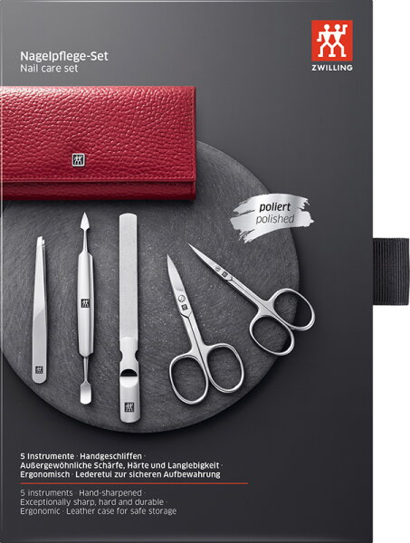 Bild von ZWILLING Maniküreset (5 Teilig, Nagelpflege und Pediküre mit Echt Leder Etui mit Nagelschere und Nagelhautschere), Edelstahl Poliert, Rot