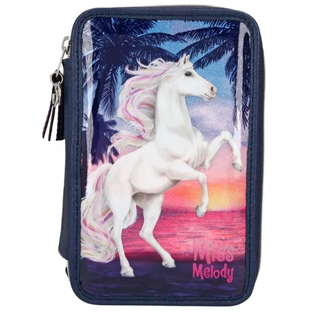 Bild von Depesche 10583 Miss Melody - Gefüllte 3-fach Federtasche mit Pferde-Motiv, dunkelblaue Federmappe ca. 7,5 x 13 x 20 cm groß, mit Filz- und Buntstiften, Lineal, Schere, Kleber, uvm.