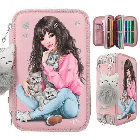 Bild von Depesche 11754 TOPModel Kätzchen - Gefüllte 3-Fach Federtasche mit Model-Motiv, rosafarbenes Federmäppchen mit Buntstiften, Lineal, Schere UVM