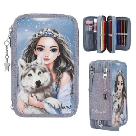 Bild von Depesche 13149 TOPModel Wolf-Gefüllte 3-Fach Federtasche in Dunkelblau, mit Model Motiv, Sternen und Glitzer, Federmappe mit Buntstiften, Lineal, Schere UVM, Blau