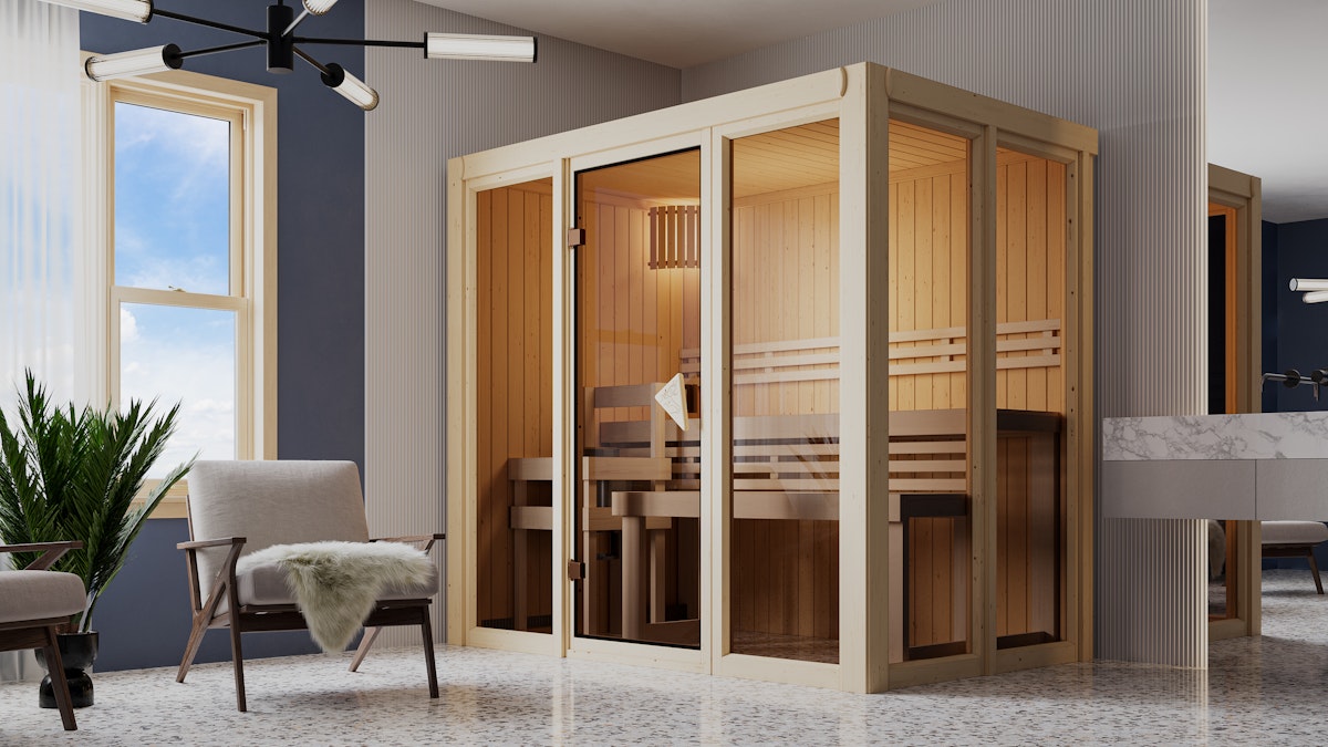 Bild von Karibu Sauna Irava 3 - 68 mm Systemsauna - 230 Volt Plug & Play Bronzierte Ganzglastür Ohne Dachkranz 3,6 kW Plug&Play Ofen mit integrierter Steuerung inkl. 8-teiligem gratis Zubehörpaket (Gesamtwert 191,92€)