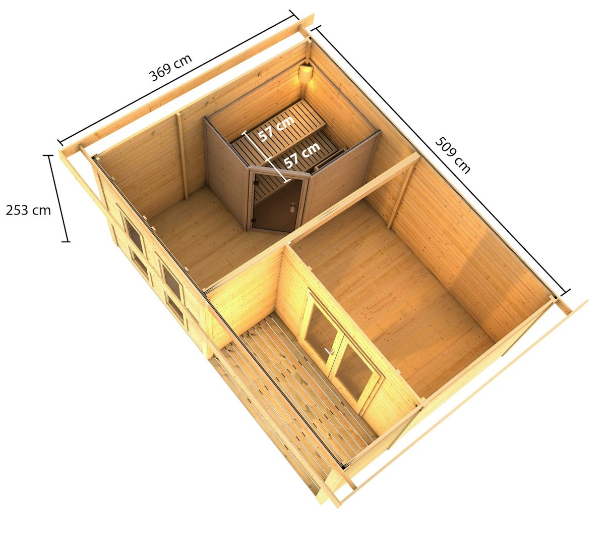 Bild von Karibu Saunahaus Mainburg 5 mit Vorraum - 38 mm terragrau Set C (Sauna B 1,34 x T 1,34 m mit 2 Liegen 57/52 cm) Ohne Ofen inkl. 8-teiligem gratis Zubehörpaket (Gesamtwert 191,92€)