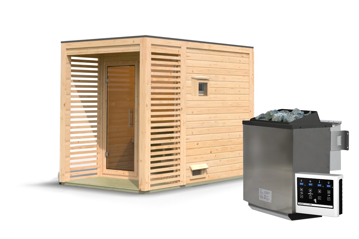 Bild von Karibu Gartensauna Saunahaus Angkor 1 9 kW Bio-Kombiofen inkl. Steuergerät inkl. 8-teiligem gratis Zubehörpaket (Gesamtwert 191,92€)
