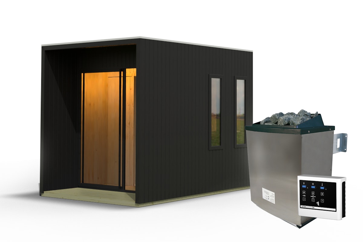 Bild von Karibu Design Saunahaus Catalina Blackline mit Vorraum - 73 mm schwarz Inkl. Terrasse 9 kW Ofen inkl. Steuergerät inkl. 8-teiligem gratis Zubehörpaket (Gesamtwert 191,92€)