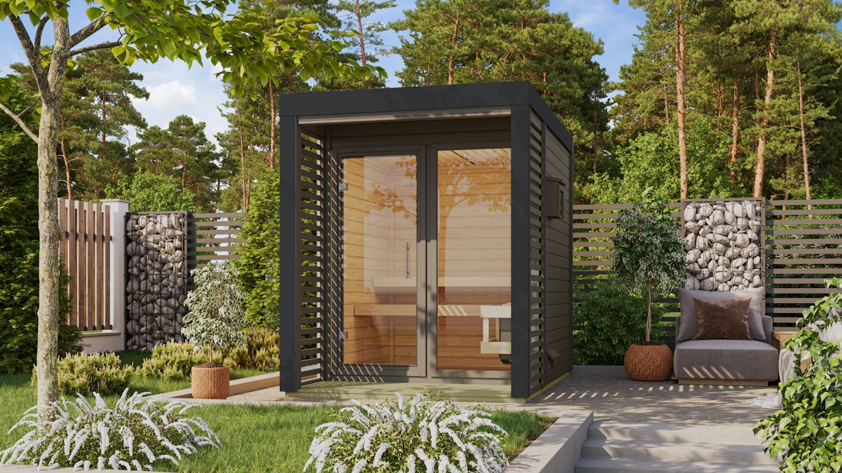 Bild von Karibu Saunahaus Ares 1 - Hybridhaus mit Metallrahmen - 38 mm Holz-Ausführung: anthrazit Blech-Ausführung: anthrazit 9 kW Ofen inkl. Steuergerät inkl. 8-teiligem gratis Zubehörpaket (Gesamtwert 191,92€)
