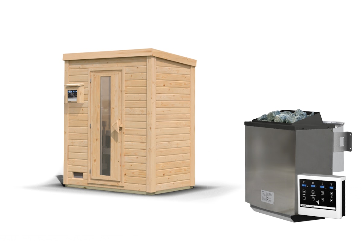Bild von Karibu Gartensauna Saunahaus Hytti 0 naturbelassen Energiesparende Saunatür 9 kW Bio-Kombiofen inkl. Steuergerät inkl. 8-teiligem gratis Zubehörpaket (Gesamtwert 191,92€)