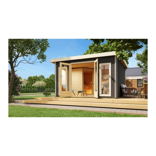 Bild von Karibu Saunahaus Magnus 3 Terragrau mit Ofen 9 kW Ext. Strg.